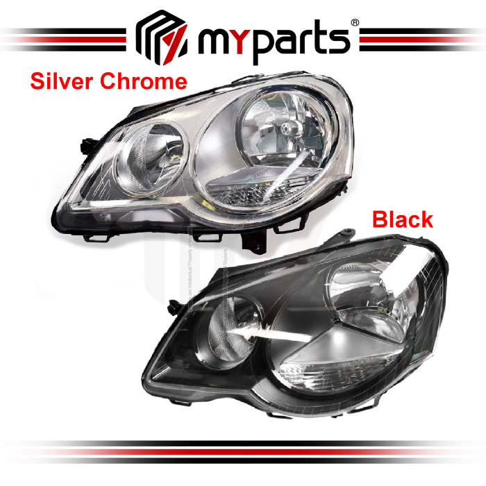 TYC Fits VolksWagen VW Polo 2005-2010 | Headlight Head Light Front Lamp (Silver Chrome With Adjuster Motor) | Pair LH Left Hand + RH Right Hand