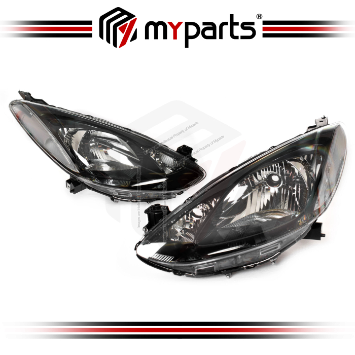 TYC Fits Mazda 2 Neo Maxx Genki DE Series 2009~2014 | Headlight Head Light Front Lamp (Black) | Pair LH Left Hand (passenger) + RH Right Hand (Driver)