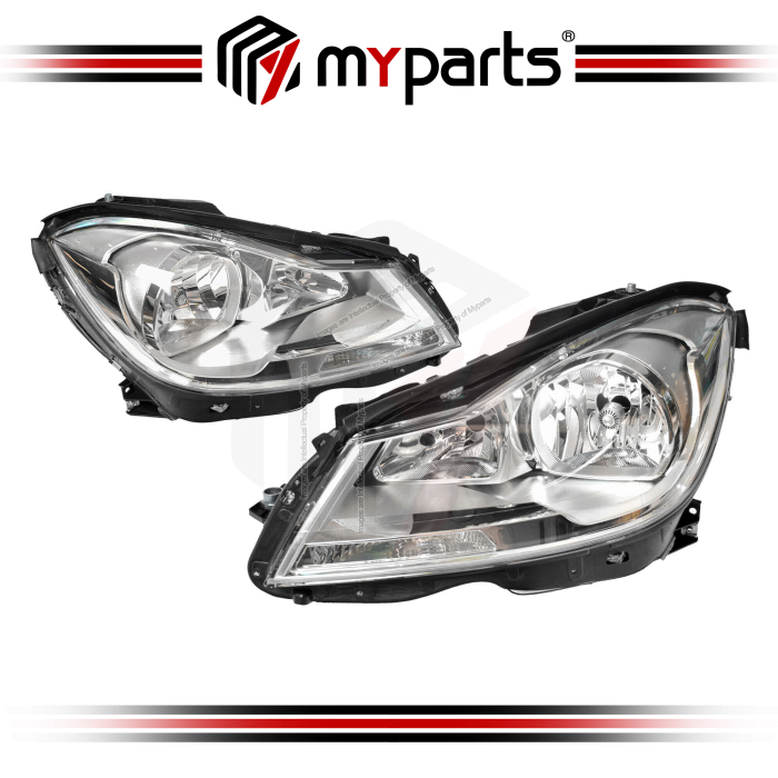 TYC Fits Mercedes Benz C Class W204 Series 2 2010~2014 | Headlight Head Light Front Lamp (Halogen, Chrome) | Pair LH Left Hand + RH Right Hand