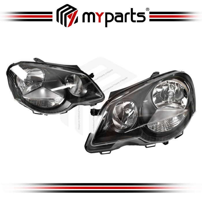 TYC Fits VolksWagen VW Polo GTi 2005~2010 | Headlight Head Light Front Lamp (Black With Adjuster Motor) | Pair LH Left Hand + RH Right Hand