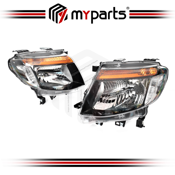 TYC Fits Ford Ranger PX 2011~2015 XL Wildtrak | Headlight Head Light Front Lamp (Black) | Pair of LH Left Hand (Passenger) + RH Right Hand (Driver)